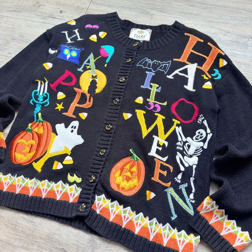 Vintage Halloween Sweater Cardigan Small 2001 Tiara International Ghost Pumpkin - Picture 3 of 13